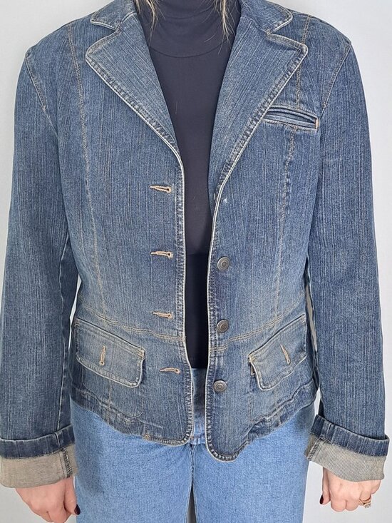 Y2K Ann Taylor Loft Womens Denim Blazer Jacket Size 8 Button Front Cotton Blue - Picture 3 of 10
